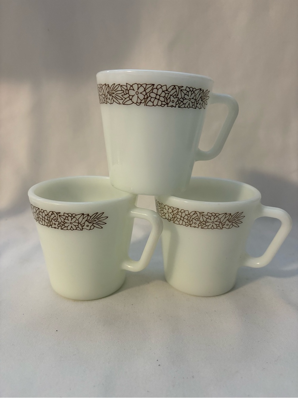 3- Woodland brown Pyrex coffee mugs